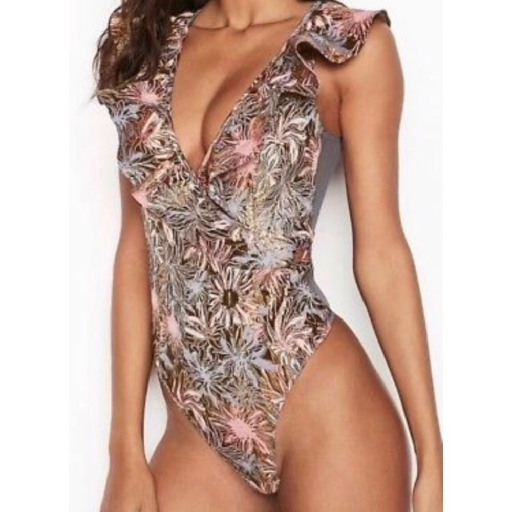 Victoria’s Secret Shine Brocade Ruffle Bodysuit L